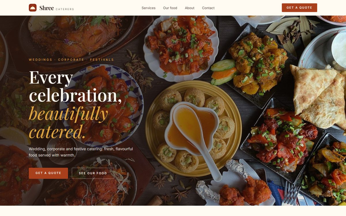 Catering website with a spread of Indian dishes